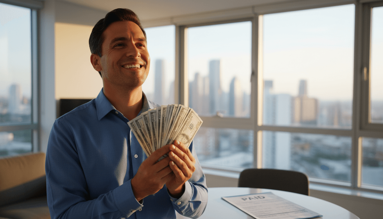 Person holding cash with satisfied expression