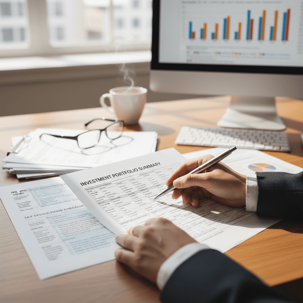 Professional reviewing financial documents at organized desk
